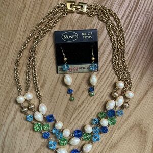 Vintage SIGNED Monet Gold Necklace with Blue and Green Accents